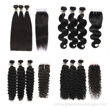 Wholesale 100% human hair weft with closure brazilian remy hair extension raw virgin cuticle aligned curly straight hair bundles